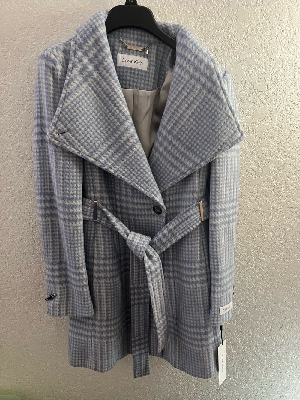 Calvin Klein Women's Light Blue Plaid Belted Coat